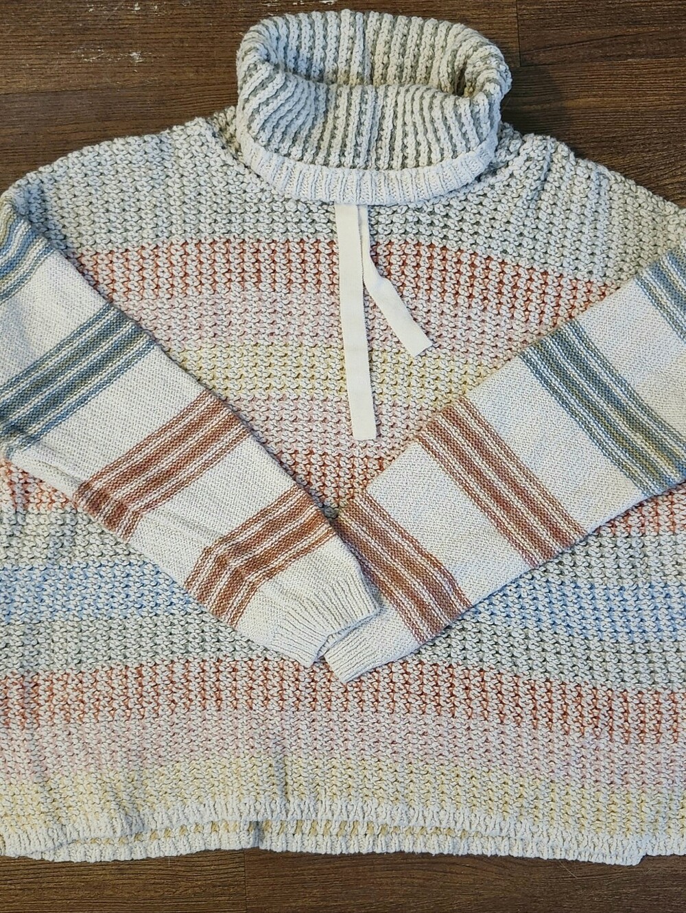 Northern Reflections Cream Turtleneck Sweater with Blue, Rust & Yellow Stripes